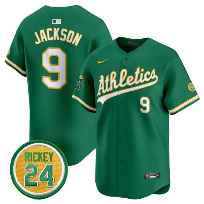 Mens Oakland Athletics #9 Reggie Jackson Green 2024 Limited With Rickey Henderson Patch Stitched Jersey Dzhi